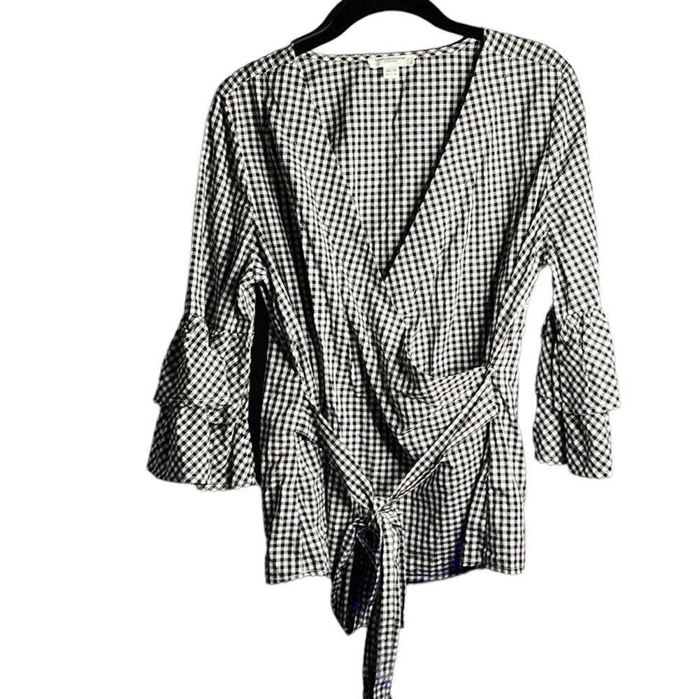 Beach Lunch Lounge Black White Gingham Belted Wrap Shirt XS